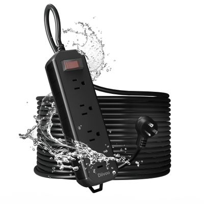 Outdoor Power Strip Weatherproof, 50 FT Extension Cord, Diivoo Waterproof Surge Protector with 4 Outlets, 1250W Shockproof Overload Protection, Flat Plug, Wall Mountable, Black