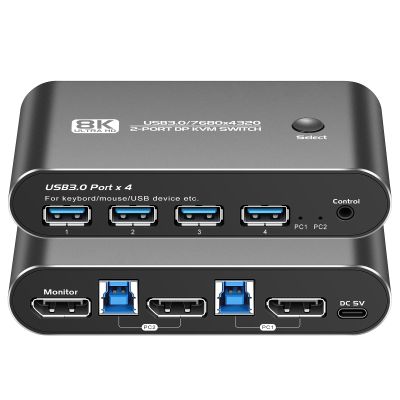 8K Displayport KVM Switch 1 Monitors 2 Computers, Support 8K@60Hz 4K@144Hz 2K@175Hz, 2 Port DP KVM Switch with 4 USB 3.0 Ports, Share for Keyboard Mouse Printer