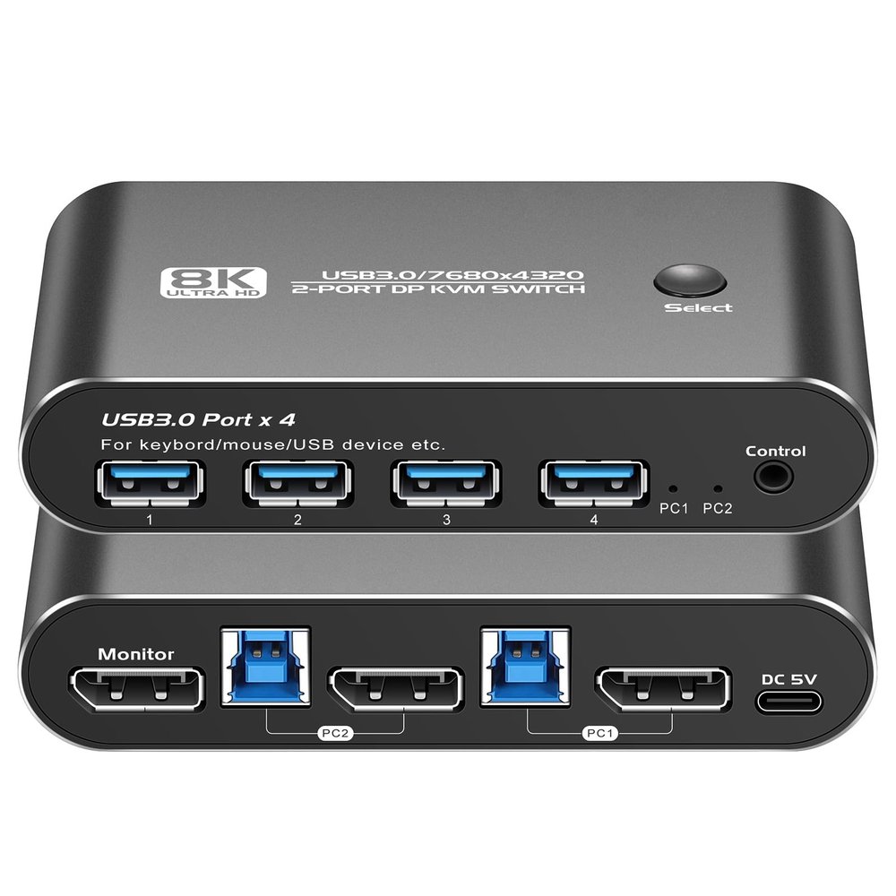 8K Displayport KVM Switch 1 Monitors 2 Computers, Support 8K@60Hz 4K@144Hz 2K@175Hz, 2 Port DP KVM Switch with 4 USB 3.0 Ports, Share for Keyboard Mouse Printer