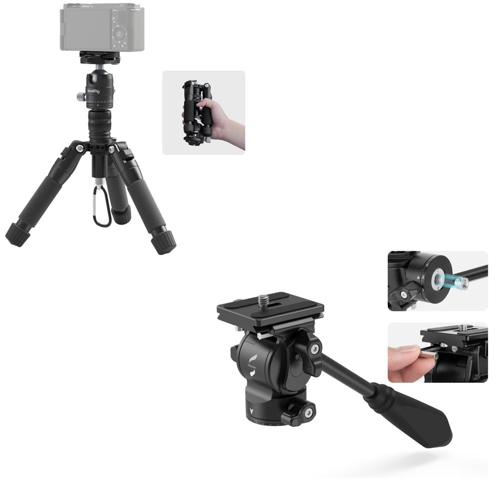 Bundle: SmallRig VT-20 Aluminum Mini Tripod with Tripod Fluid Head Pan Tilt Head with Quick Release Plate