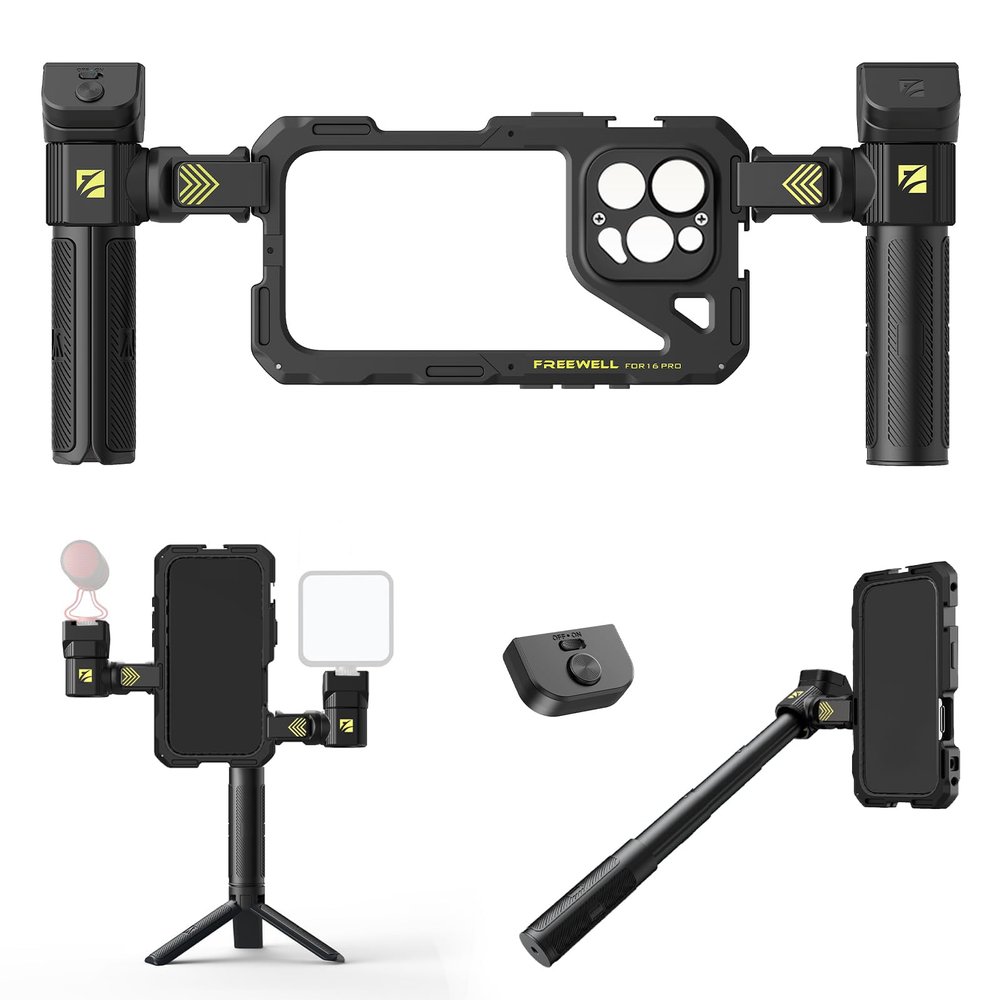 Freewell Genius Rig Cage for iPhone 16 Pro - Magnetic Filter Slot & 17mm Lens Mount, Tool-Free Setup, Multifunctional Tripod/Monopod Handle, Bluetooth Remote