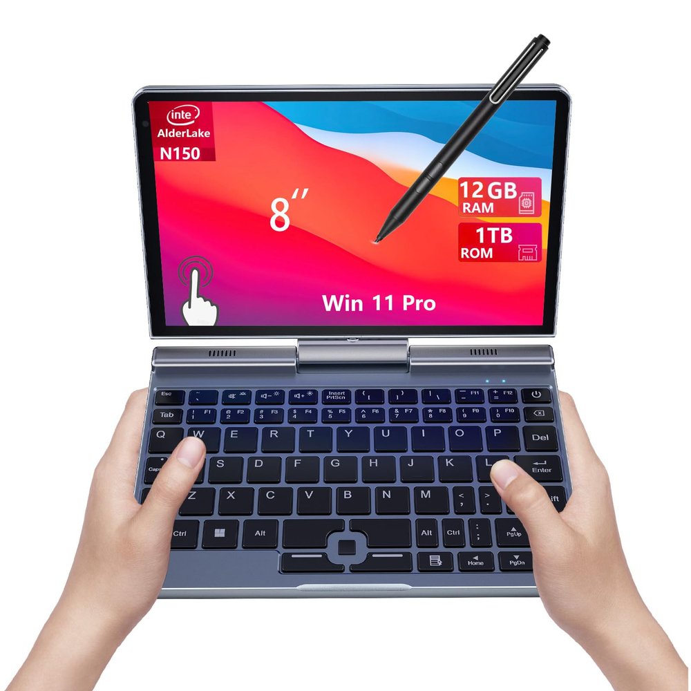 KOOFORWAY 8 Inch 2-in-1 Mini Laptop,HD Rotatable Touch Screen Support Handwriting Windows 11 Pro Small Laptop, N150,12GB RAM, 1TB SSD,Wi-Fi 6, BT 5.2,2 MP Camera,G-Sensor,HDMI,Type C Ultra Pocket PC
