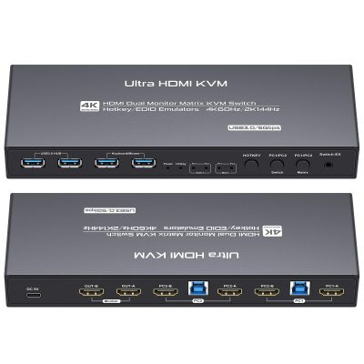 HDMI Matrix KVM Switch 2 Monitors 2 Computers, Dual Monitor Extended Display kvm Switch 4K@60Hz, 2K@144Hz, USB 3.0, EDID Emulator, EDID Copy Cross Display, with 4 HDMI Cables, 2 USB Cables