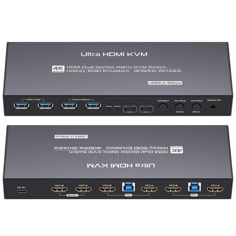 HDMI Matrix KVM Switch 2 Monitors 2 Computers, Dual Monitor Extended Display kvm Switch 4K@60Hz, 2K@144Hz, USB 3.0, EDID Emulator, EDID Copy Cross Display, with 4 HDMI Cables, 2 USB Cables