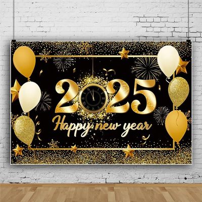 Leowefowa 15x8ft 2025 Happy New Year Photo Backdrop Gold Firework Balloon Star Background for Party Black and Gold Glitter Light Spot Clock Countdown Festival Party Banner Decor Supplies Prop
