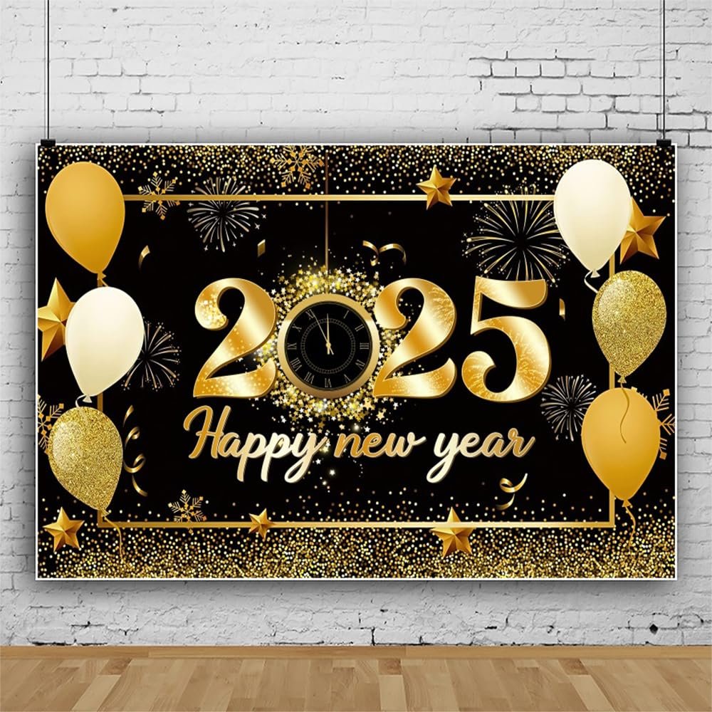 Leowefowa 15x8ft 2025 Happy New Year Photo Backdrop Gold Firework Balloon Star Background for Party Black and Gold Glitter Light Spot Clock Countdown Festival Party Banner Decor Supplies Prop