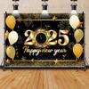 Leowefowa 15x8ft 2025 Happy New Year Photo Backdrop Gold Firework Balloon Star Background for Party Black and Gold Glitter Light Spot Clock Countdown Festival Party Banner Decor Supplies Prop view 2