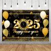 Leowefowa 15x8ft 2025 Happy New Year Photo Backdrop Gold Firework Balloon Star Background for Party Black and Gold Glitter Light Spot Clock Countdown Festival Party Banner Decor Supplies Prop view 3