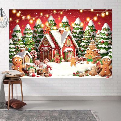 6X6ft Christmas Gingerbread House Photo Backdrop Photography Background, Red Xmas Winter Pine Trees Backdrops Photo Booth Prop Decorations Wall Decor Banner Tablecloth