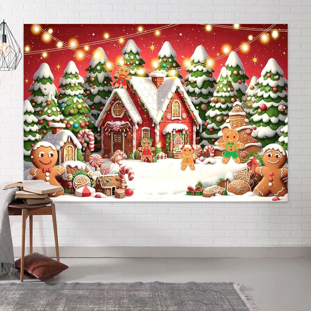 6X6ft Christmas Gingerbread House Photo Backdrop Photography Background, Red Xmas Winter Pine Trees Backdrops Photo Booth Prop Decorations Wall Decor Banner Tablecloth