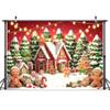 6X6ft Christmas Gingerbread House Photo Backdrop Photography Background, Red Xmas Winter Pine Trees Backdrops Photo Booth Prop Decorations Wall Decor Banner Tablecloth view 2