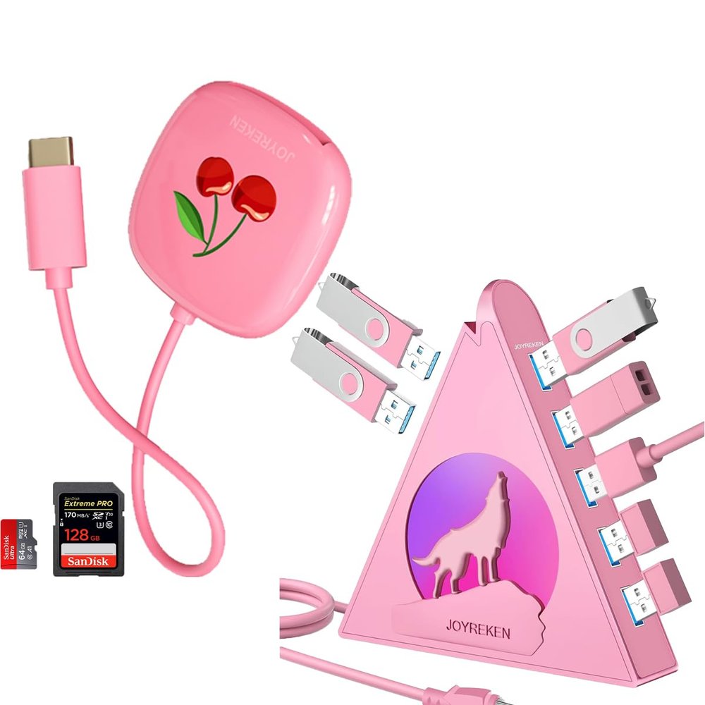 Howling Wolf USB Hub, 7 USB 3.0 Ports, Pink, 2ft Cable + USB C SD Card Reader, for iPhone 15, iPad Pro, MacBook