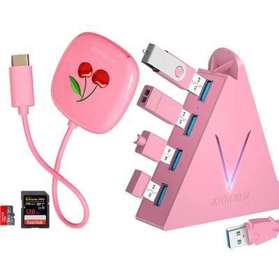 FlyingVHUB 4-Port USB 3.0 Hub, Pink, Extended Cable + USB C SD Card Reader, Compact, for iPhone 15, iPad Pro, MacBook