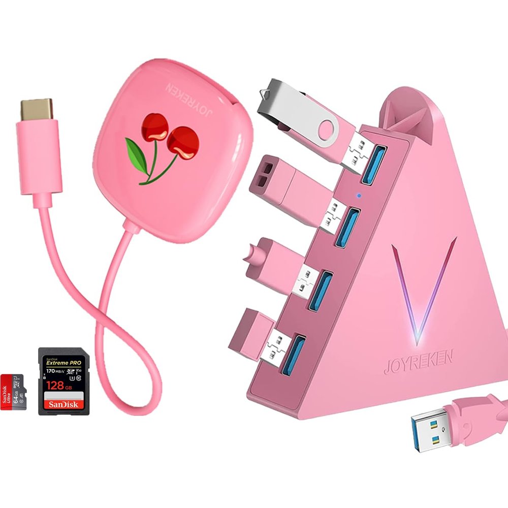 FlyingVHUB 4-Port USB 3.0 Hub, Pink, Extended Cable + USB C SD Card Reader, Compact, for iPhone 15, iPad Pro, MacBook