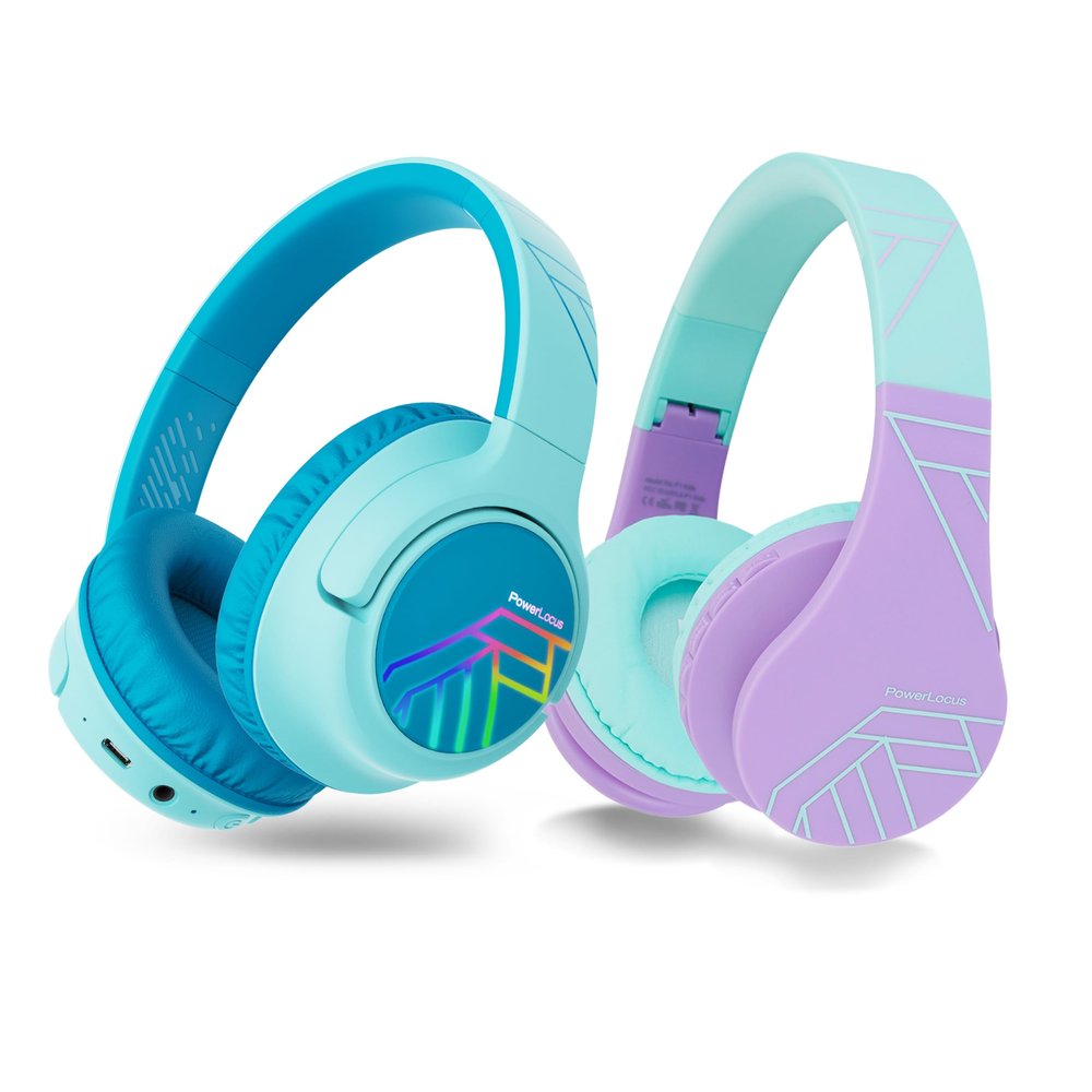 PowerLocus Bobo Kids Headphones (Blue) with P1 Kids Headphones (Teal/Purple)