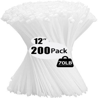 200 Pack Zip Wire Ties 12 Inch Cable Zip Ties Clear Tie Wraps with 70 Pounds Tensile Strength, Self-Locking Cable Ties, UV Resistant Thick Nylon Wire Ties for Indoor and Outdoor White