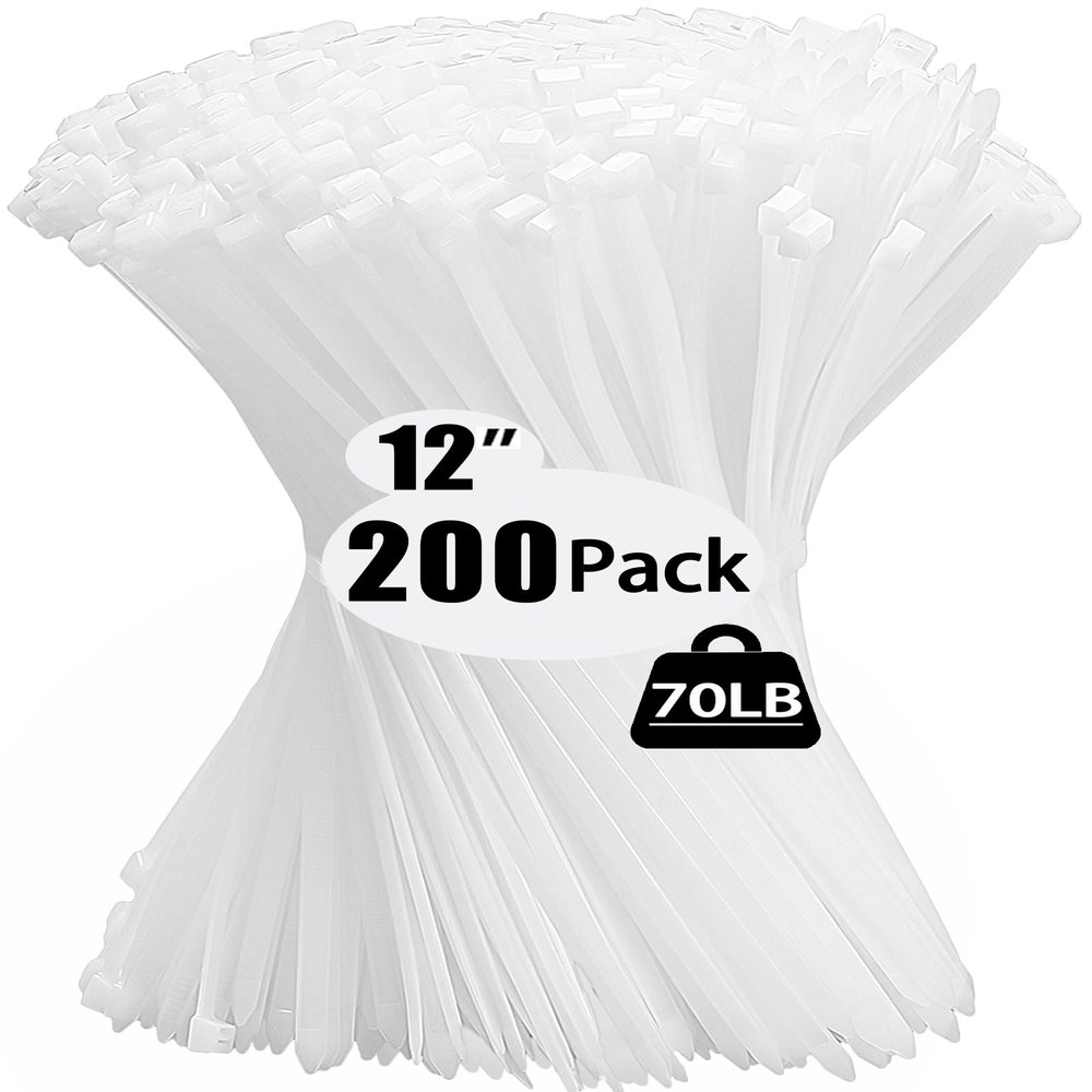 200 Pack Zip Wire Ties 12 Inch Cable Zip Ties Clear Tie Wraps with 70 Pounds Tensile Strength, Self-Locking Cable Ties, UV Resistant Thick Nylon Wire Ties for Indoor and Outdoor White