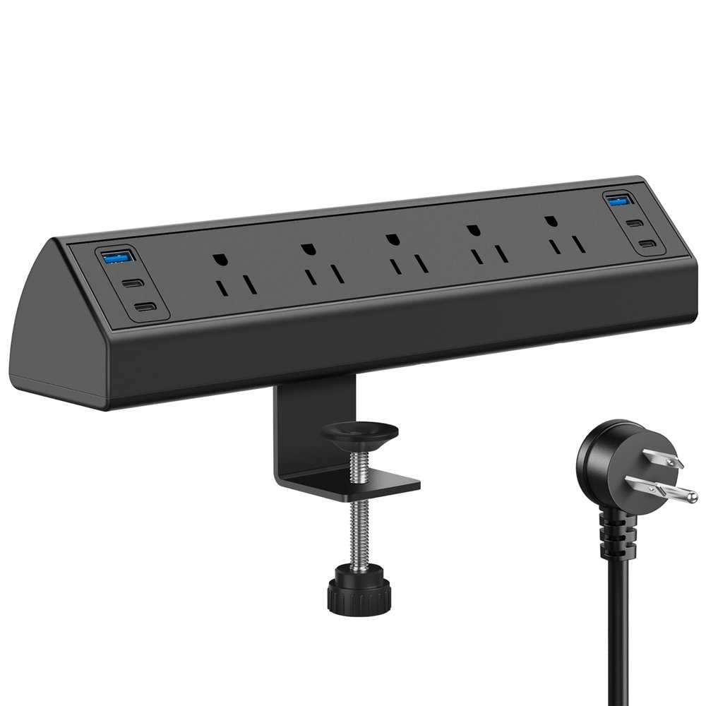 Desk Clamp Power Strip USB C,Under Desk Mount Power Station,20W Fast Charging,Fits 1.9'' Tabletop Edge,Desk Surge Protector,Perfect Home,Office Supplies (Black, 5 Outlets & 6 USB Ports & 10 FT Cable)