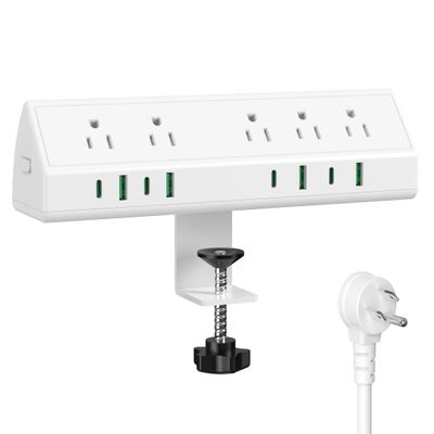 45W Fast Charging Station,Desk Clamp Power Strip,4 PD USB-C Ports,5 AC Outlets,Surge Protector Power Strip, 14AWG Heavy Duty Cord, Fits 1.9" Tabletop Edge (White, 10 FT Cable)