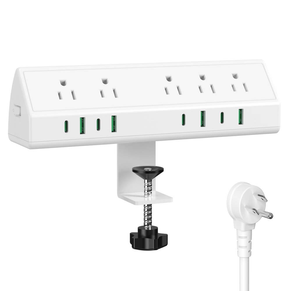 45W Fast Charging Station,Desk Clamp Power Strip,4 PD USB-C Ports,5 AC Outlets,Surge Protector Power Strip, 14AWG Heavy Duty Cord, Fits 1.9" Tabletop Edge (White, 10 FT Cable)