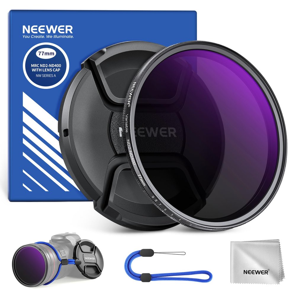 NEEWER 77mm ND2-400 (1-9 Stops) Variable ND Filter with Lens Cap, Lanyard, Cleaning Cloth, Precise Neutral Density Adjustment, Fingerprint & Scratch Resistant Multicoated Optical Glass