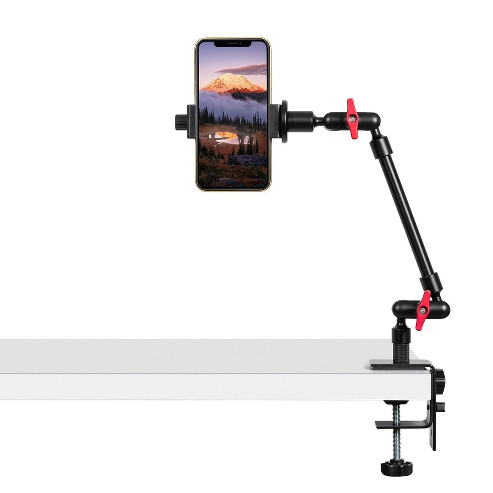 Magic Arm with Clamp, Long Articulating Arm Camera Mount, Adjustable Phone Mount Holder 360 Rotation, Mic Arm for Microphone, LED Lights, for Phone, Tripod, Desk, Table