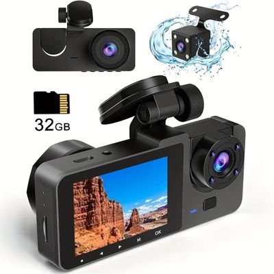 Front & Rear 3 Channel Dash Cam, 1080P Dash Cam IR Night Vision, Loop Recording Car DVR Camera with 2 Inch IPS Screen 3 Cameras, with 32G Memory Card