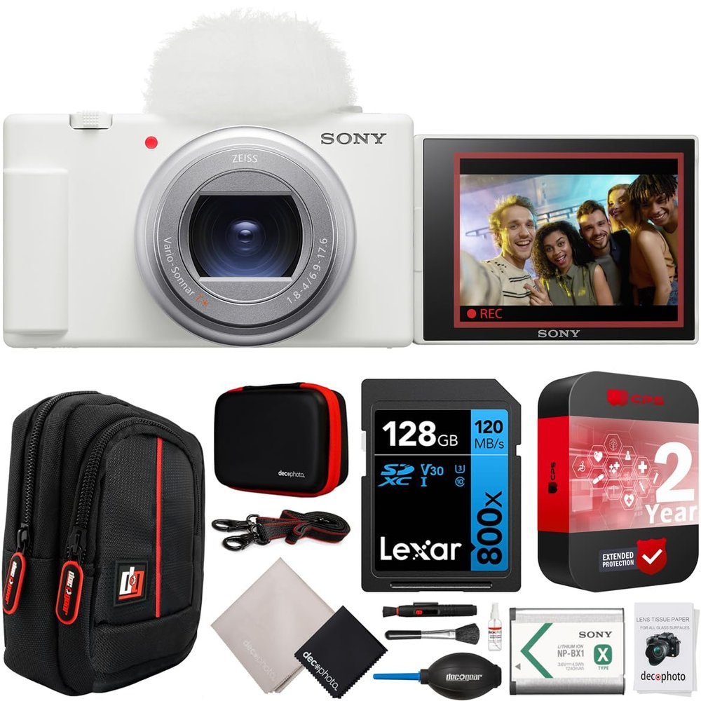 Sony ZV-1 II Vlog Camera with 4K Video & 20.1MP for Content Creators and Vloggers White ZV-1M2/W Bundle with CPS 2 YR Extended Protection Pack + Deco Gear Case + 128GB Memory Card & Accessories Kit