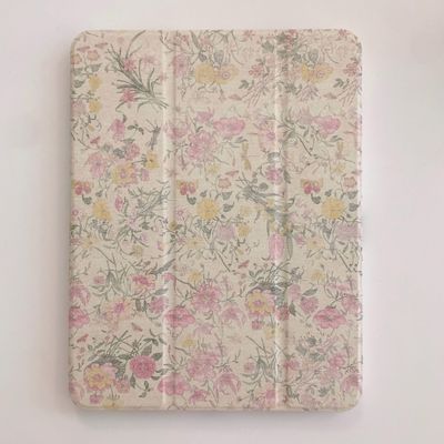 Adjustable Stand Hard PU Clear Back Folio Case for Apple iPad Pro 13-Inch 2024 M4 Model A2925 A2926 Flowers Floral Pattern Refreshing Classic Vintage Pretty Chic Cute Lovely Girls Women