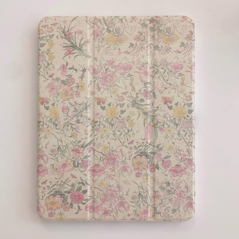 Adjustable Stand Hard PU Clear Back Folio Case for Apple iPad Pro 13-Inch 2024 M4 Model A2925 A2926 Flowers Floral Pattern Refreshing Classic Vintage Pretty Chic Cute Lovely Girls Women