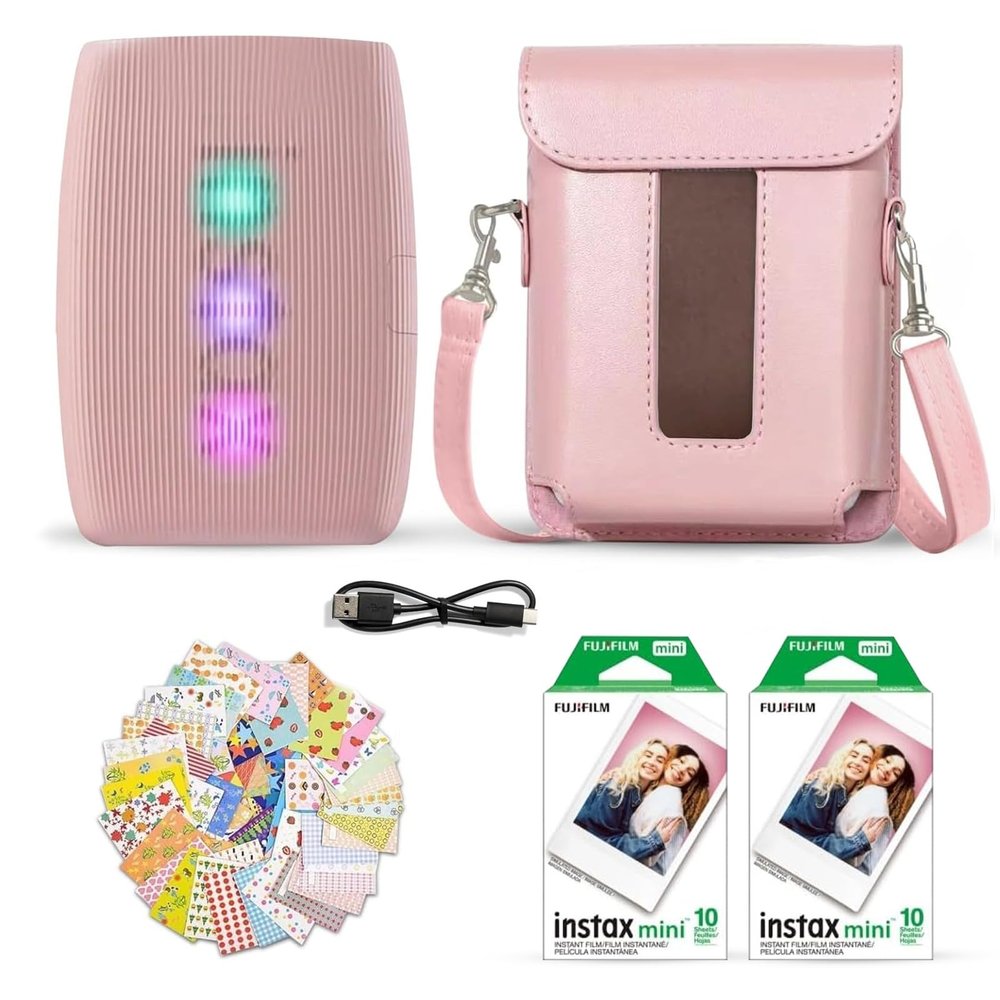 Fujifilm Instax Mini Link 3 Smartphone Printer Rose Pink + Fuji Film Value Pack (20 Sheets)+ Shutter Accessories Bundle, Incl. Protective Case, 20 Sticker Frames, USB Type C Cable