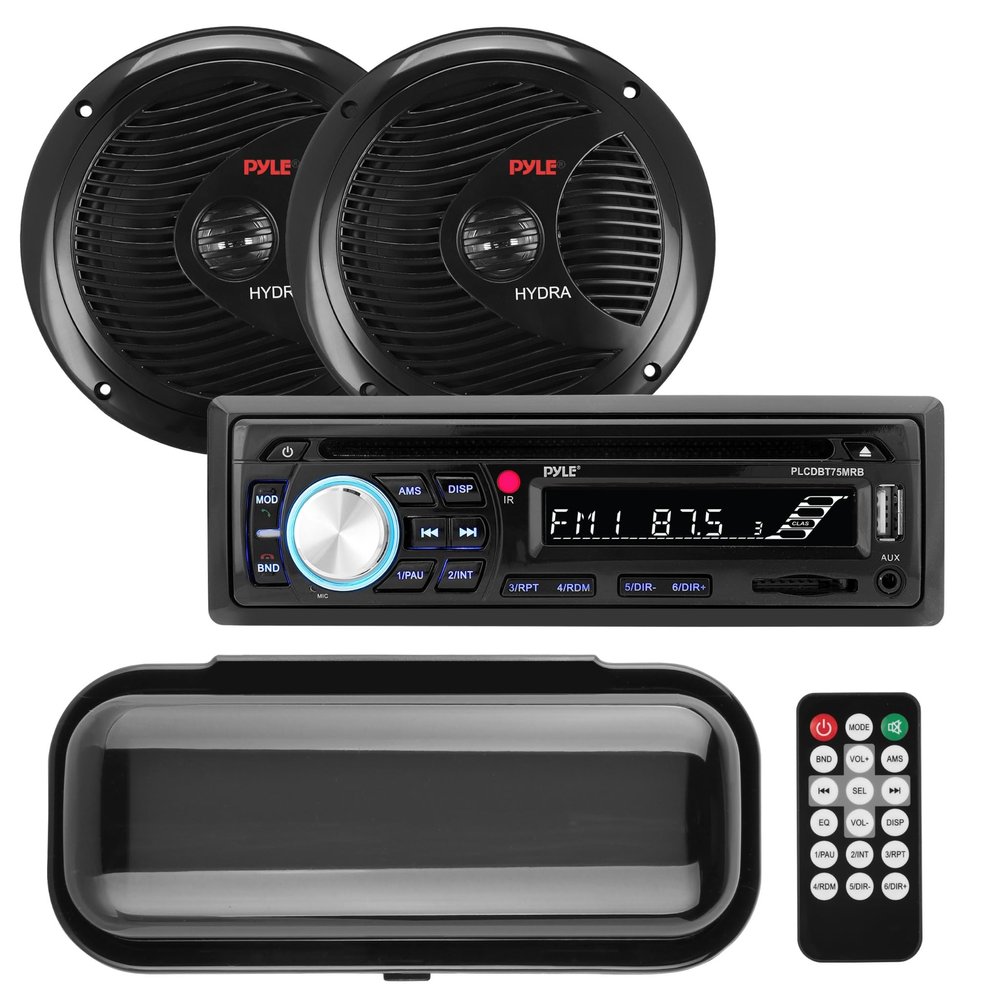 Pyle Marine Stereo Radio Receiver Speaker Kit - 200W Wireless Receiver and 150W Waterproof 6.5 Speakers, Hands-Free Talking, CD/MP3/USB/SD Player, AM/FM Radio, for Boat & Off-Road Vehicles