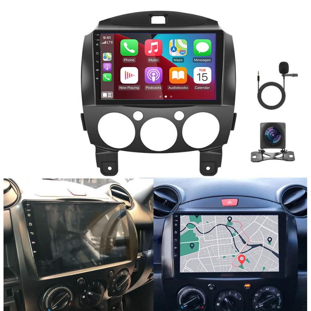 Slakerbe Android 13 Double Din Car Stereo Compatible with Mazda 2 2007-2013, 2G+32G 9 Inch Touch Screen Car Stereo Radio with Wireless Carplay Android Auto GPS Navigation WiFi Mic Backup Camera