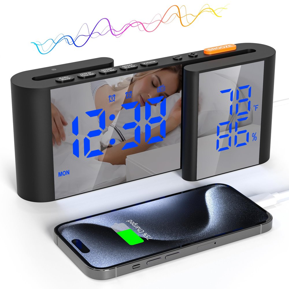 Lancoon Digital Radio Alarm Clock 6'' Mirror LED Clock with Humidity Temperature Dual Alarm Setting 15 Levle Adjustabel Volume Balck-Blue