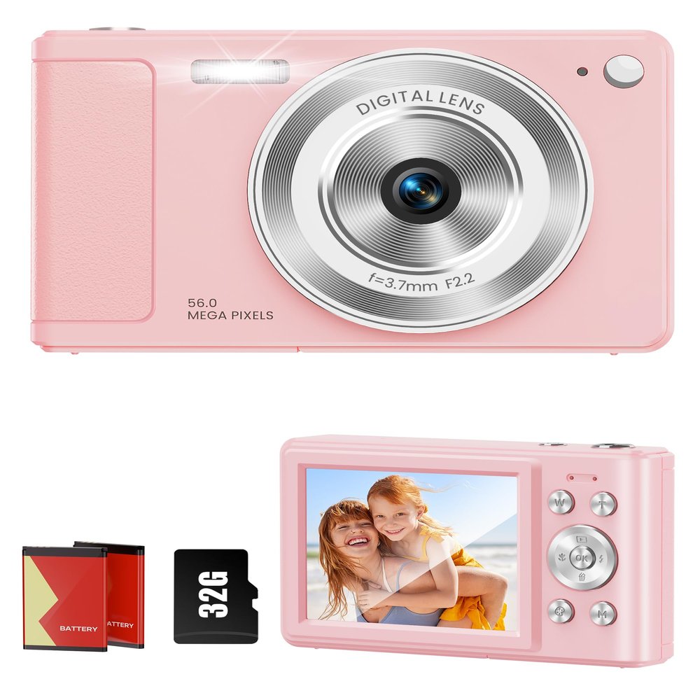 WONNIE Digital Camera 56MP, FHD 1080P Point & Shoot Camera with 32GB SD Card, 2 Batteries, and Lanyard, Ideal for Kids & Teens, Suitable Gift for Girls