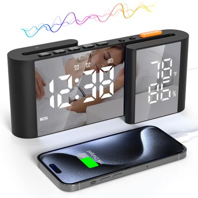 Lancoon Digital Alarm Clock Radio Clock with Temperature Humidity Display 15 Levels of Volume Brightness Adjustable Black-White