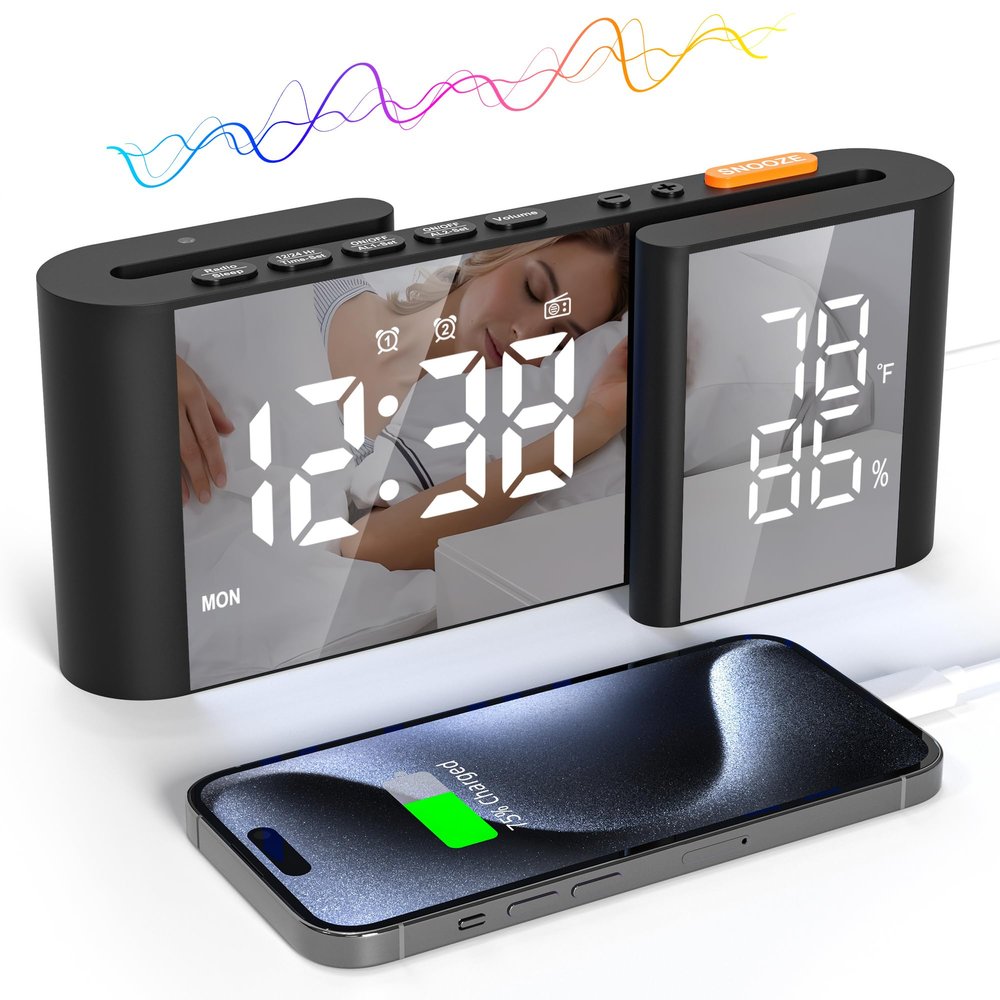 Lancoon Digital Alarm Clock Radio Clock with Temperature Humidity Display 15 Levels of Volume Brightness Adjustable Black-White