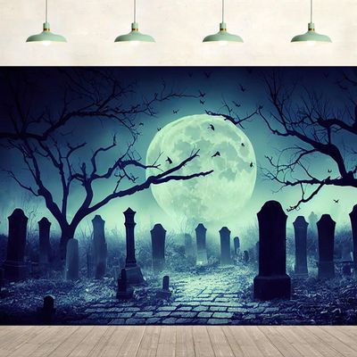 10x8ft Halloween Graveyard Backdrop Dark Scary Cemetery Full Moon Night Horror Ghost Forest Background Halloween Party Wall Hanging Decoration Photography Photoshoot Studio Props