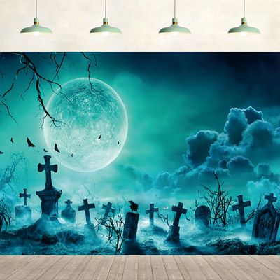 15x8ft Halloween Graveyard Backdrop Scary Cemetery Full Moon Night Horror Misty Background Halloween Party Wall Hanging Decoration Photography Photoshoot Studio Props