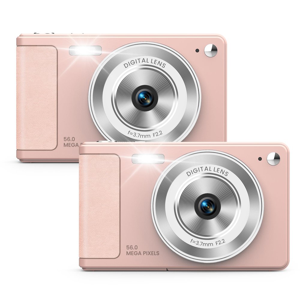 WONNIE Digital Camera 56MP, FHD 1080P Point & Shoot Camera with 32GB SD Card, 2 Batteries, and Lanyard, Ideal for Kids & Teens, Suitable Gift for GirlsPink, 2-Pack