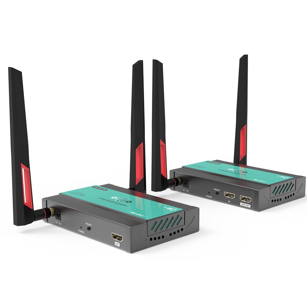 Mirabox Wireless HDMI Transmitter and Receiver Extender 1x4-1080P@60Hz 200m(656Ft) 5.8GHz Wireless Audio Video Extender Kit with IR and HDMI Loop-Out for TV,DSLR Camera,Projector,DVR,Laptop,PS5,Switch
