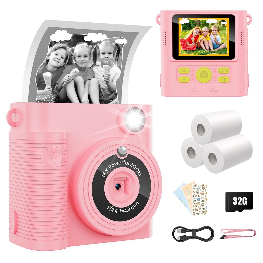 WONNIE Kids Camera Instant Print,1080P Selfie Digital Camera with 2.4" Screen & 32GB Card,Toddler Portable Toy for Ages 3-12,Christma-s Birthday Gifts for 3 4 5 6 7 8 9 Year Old Girls Pink