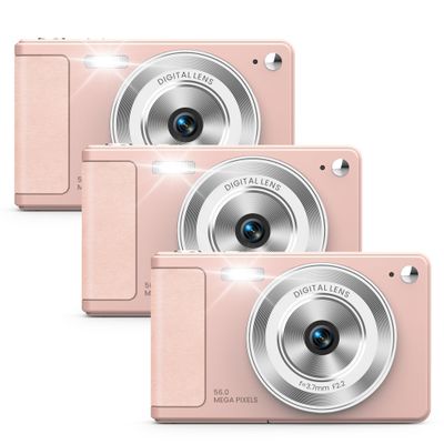 WONNIE Digital Camera 56MP, FHD 1080P Point & Shoot Camera with 32GB SD Card, 2 Batteries, and Lanyard, Ideal for Kids & Teens, Suitable Gift for Girls Pink, 3-Pack