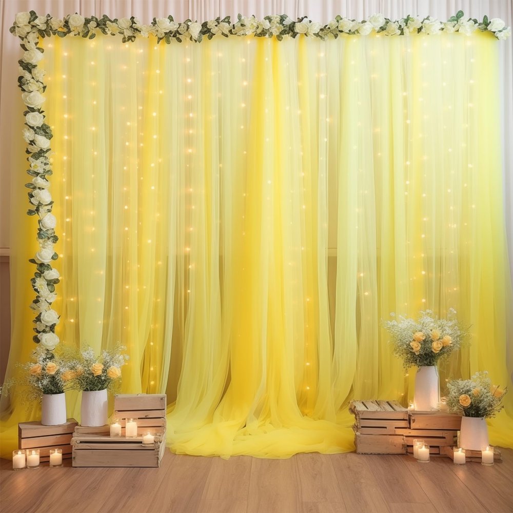 1010ft Yellow Tulle Backdrop Curtain with Lights String for Parties, Sheer Curtain Backdrop Drapes for Wedding Party Photography Background