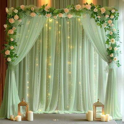 20ft x 10ft Green Backdrop Curtain with Lights String for Parties, Sheer Tulle Wedding Photo Backdrops Drapes for Baby Shower Birthday Party Decorations Background for Photography