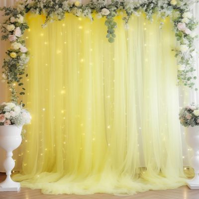 10ft x 10ft Yellow Backdrop Curtain with Lights String for Parties, Sheer Tulle Wedding Photo Backdrops Drapes for Baby Shower Birthday Party Decorations Background for Photography