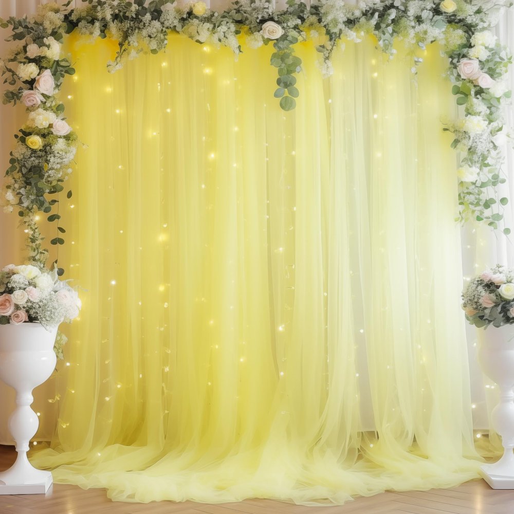 10ft x 10ft Yellow Backdrop Curtain with Lights String for Parties, Sheer Tulle Wedding Photo Backdrops Drapes for Baby Shower Birthday Party Decorations Background for Photography