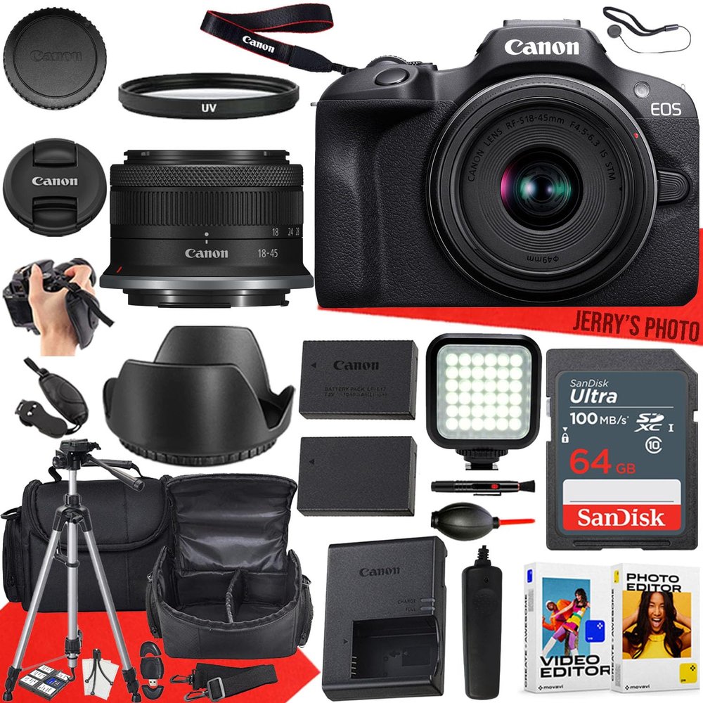 Canon EOS R100 Mirrorless Camera w/Canon RF-S 18-45mm f/4.5-6.3 is STM Lens + LED Video Light + Camera Case + Extra Battery + 64GB Memory + More (24pc Bundle) (Renewed)