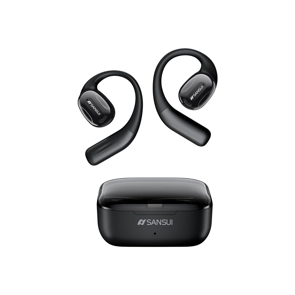 SANSUI Open Ear Headphones,Wireless Earbuds with Ergonomic Earhook,Bluetooth Headphones 5.4 with Noise Cancelling Mic,56H Playtime,IP55 Waterproof Ear Buds for Cycling,Running,Workout(Black)