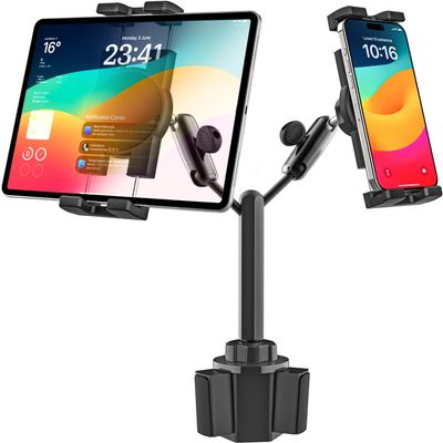 GDZN Dual Tablet Holder for Car Cup Holder - 360 Rotatable Metal Long Arm Tablet Mount for Truck Pickup SUV, Heavy Duty Car Mount Fit iPad Pro Air Mini, iPhone, Galaxy Tab, Fire, 4.7-13" Devices